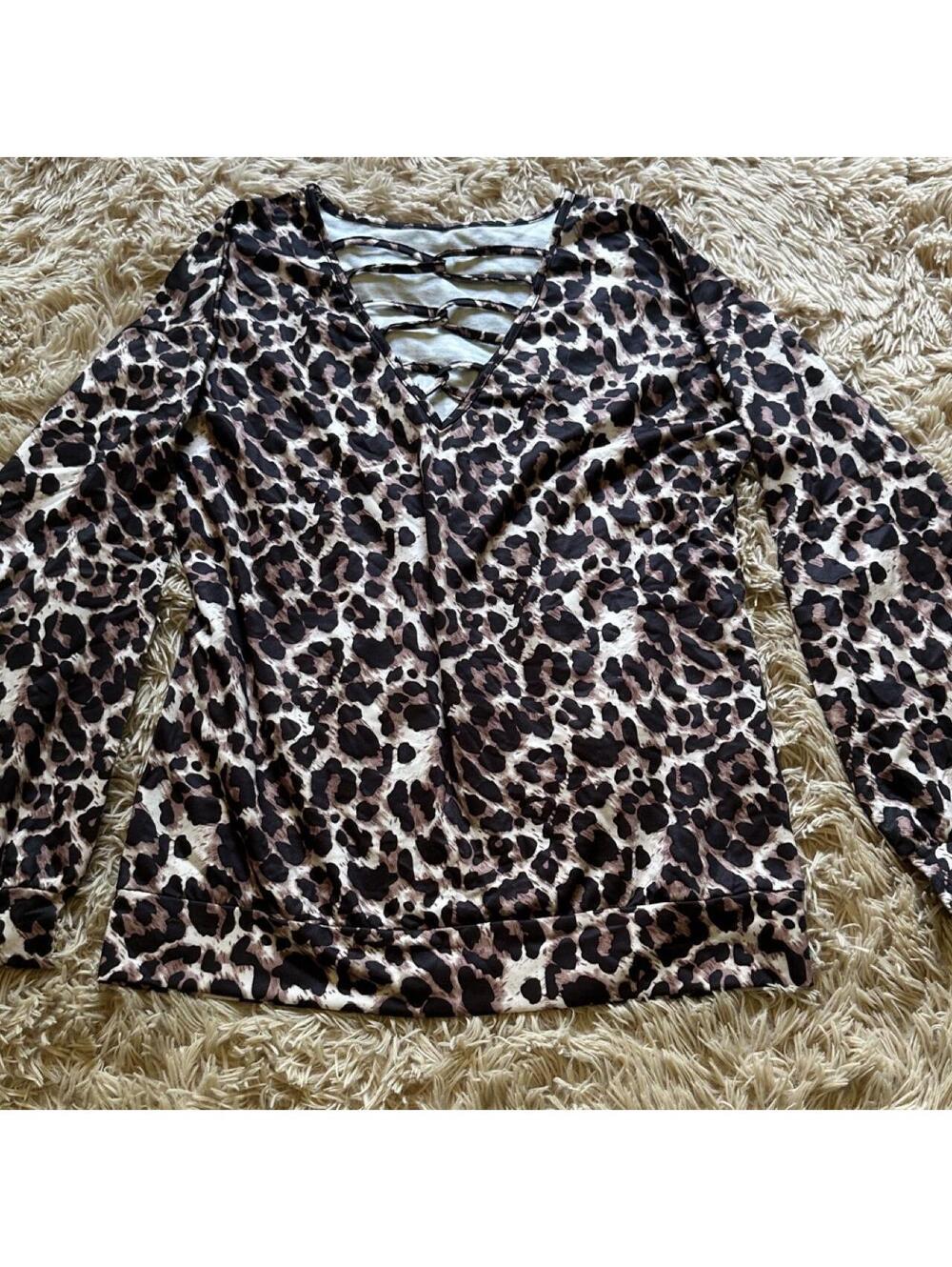 Leopard Print Long Sleeve V Neck Shirt with Crisscross Detail Size S